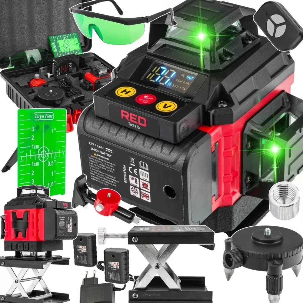 Red Technic Žalias lazerinis nivelyras, 4D 360 kryžminis lazeris, 16 linijų savaiminis nivelyras, statybinis lazeris, geodezinis lazeris