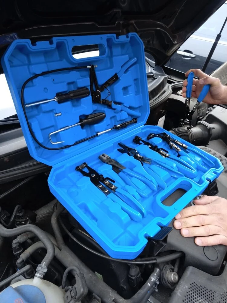 Žarnų spaustukų replių rinkinys, automobiliams ir dirbtuvėms, sukamieji žandikauliai, trosu valdomos replės, 18-54 mm žarnų spaustukų nuėmimo įrankis