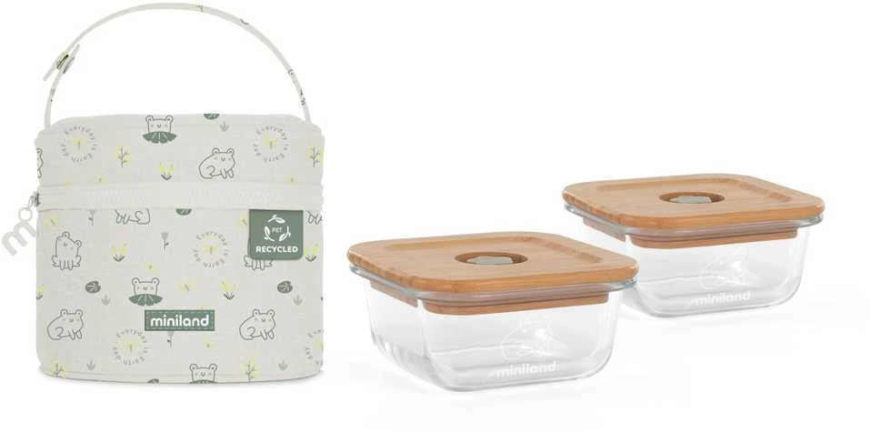 Miniland Eco Friendly „Miniland“ ekologiški kvadratiniai stikliniai indeliai, ekologiški, 2 x 210 ml, su izoliuotu maišeliu - Żabka