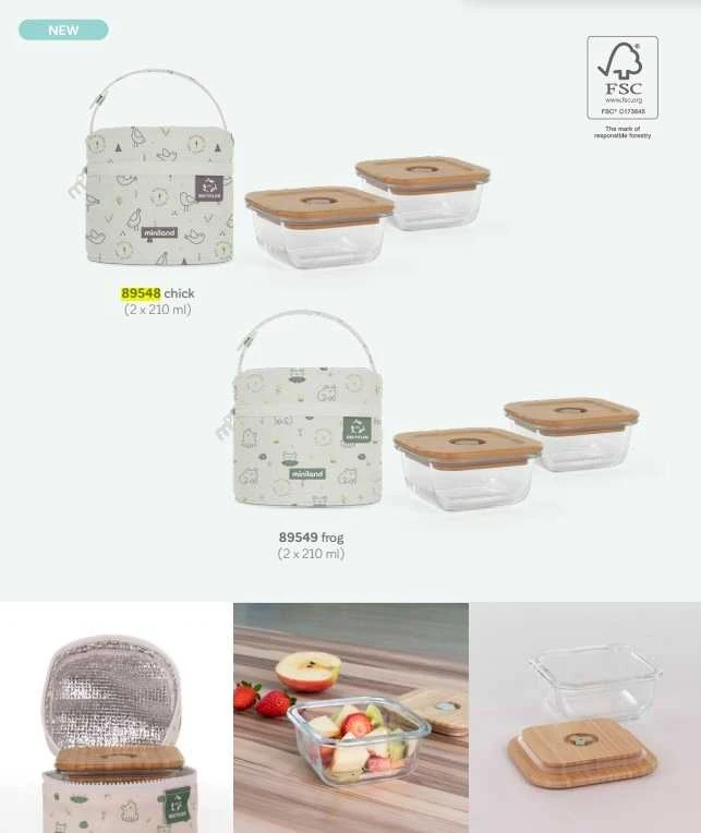 Miniland Eco Friendly „Miniland“ ekologiški kvadratiniai stikliniai indeliai, ekologiški, 2 x 210 ml, su izoliuotu maišeliu - Żabka