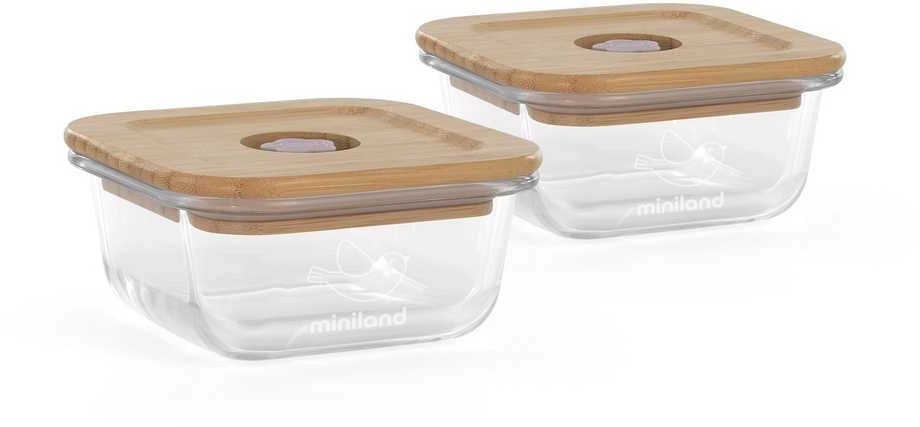 Miniland Eco Friendly Ekologiški kvadratiniai stikliniai indeliai 2 x 210 ml su izoliuotu maišeliu - Chick