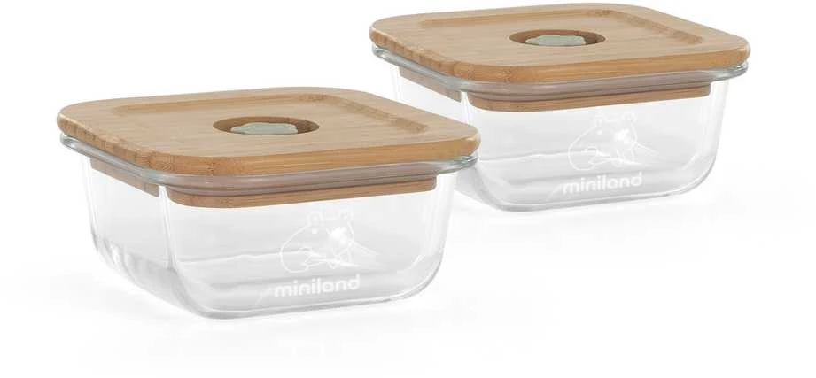 Miniland Eco Friendly „Miniland“ ekologiški kvadratiniai stikliniai indeliai, ekologiški, 2 x 210 ml, su izoliuotu maišeliu - Żabka