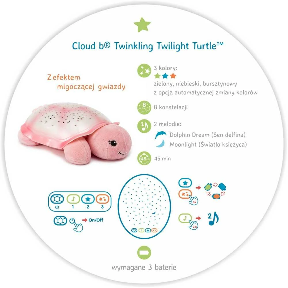 Cloud B Naktinė lempa su 2in1 šviesos projekcija - vėžlys, rožinė