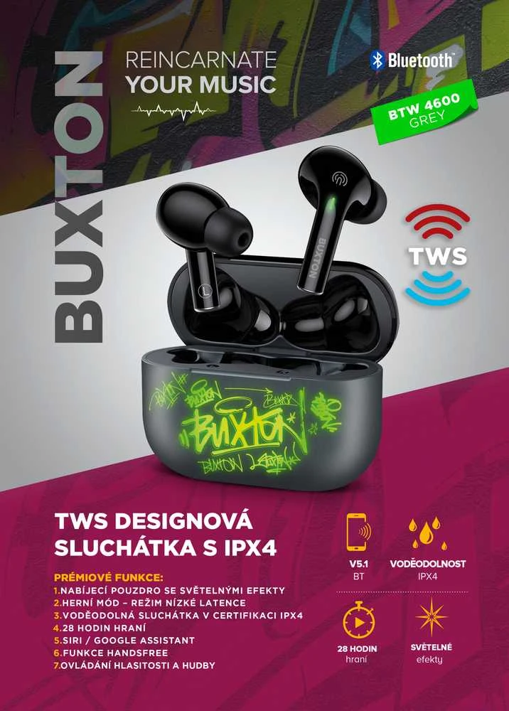 Buxton BTW4600 Pilkas - TWS Įstatomos į ausis ausinės, pilkas
