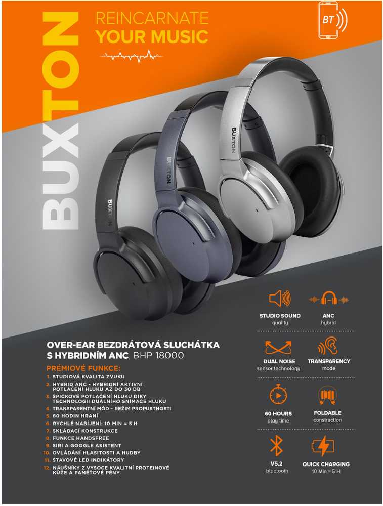 Buxton BHP 18000 Dilham SIlver - Bluetooth ausinės (sidabrinis)
