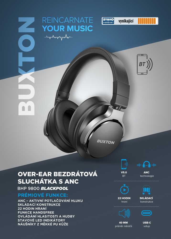 BUXTON BHP 9800 Belaidės ausinės su aktyviu triukšmo mažinimu ANC