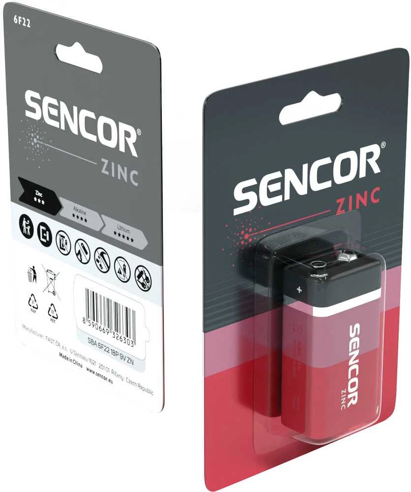 „Sencor“ vienkartinės cinko anglies baterijos 9 V, 1 vnt. pakuotė, EOL