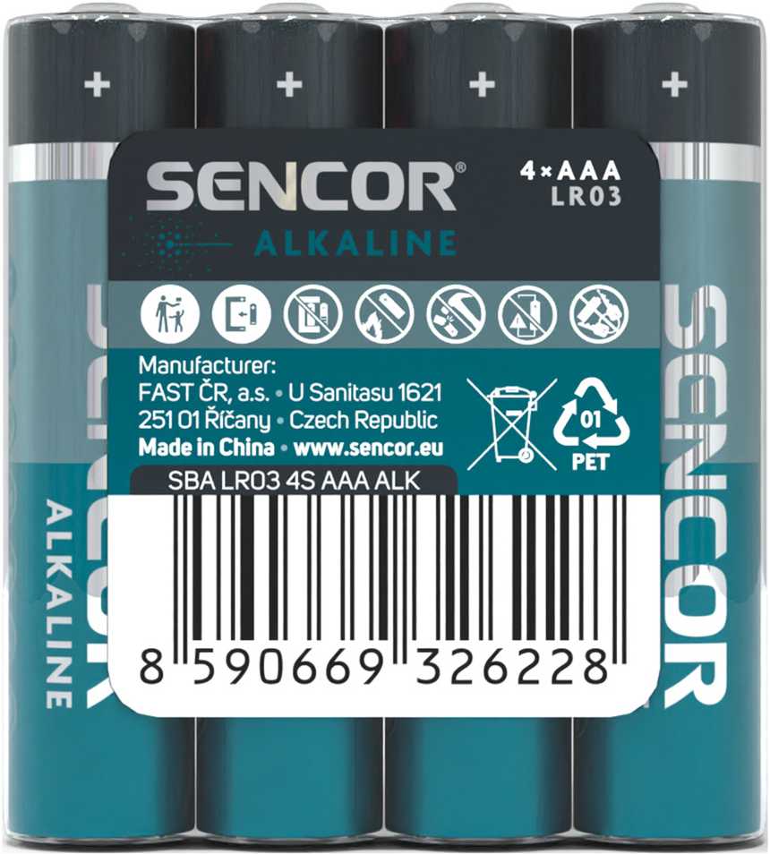 Baterija šarminė, AAA (LR03), AAA, 1,5 V, Sencor, Folia, 4 pakuotės