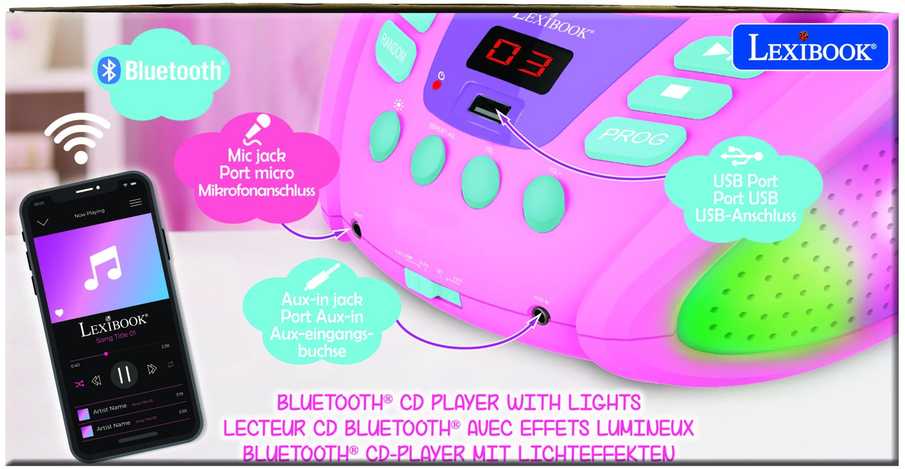 CD grotuvas Lexibook (Vienaragis), AUX/Bluetooth, Rožinės spalvos