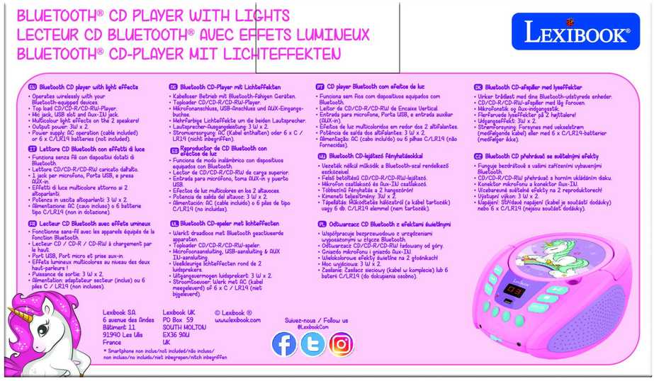 CD grotuvas Lexibook (Vienaragis), AUX/Bluetooth, Rožinės spalvos