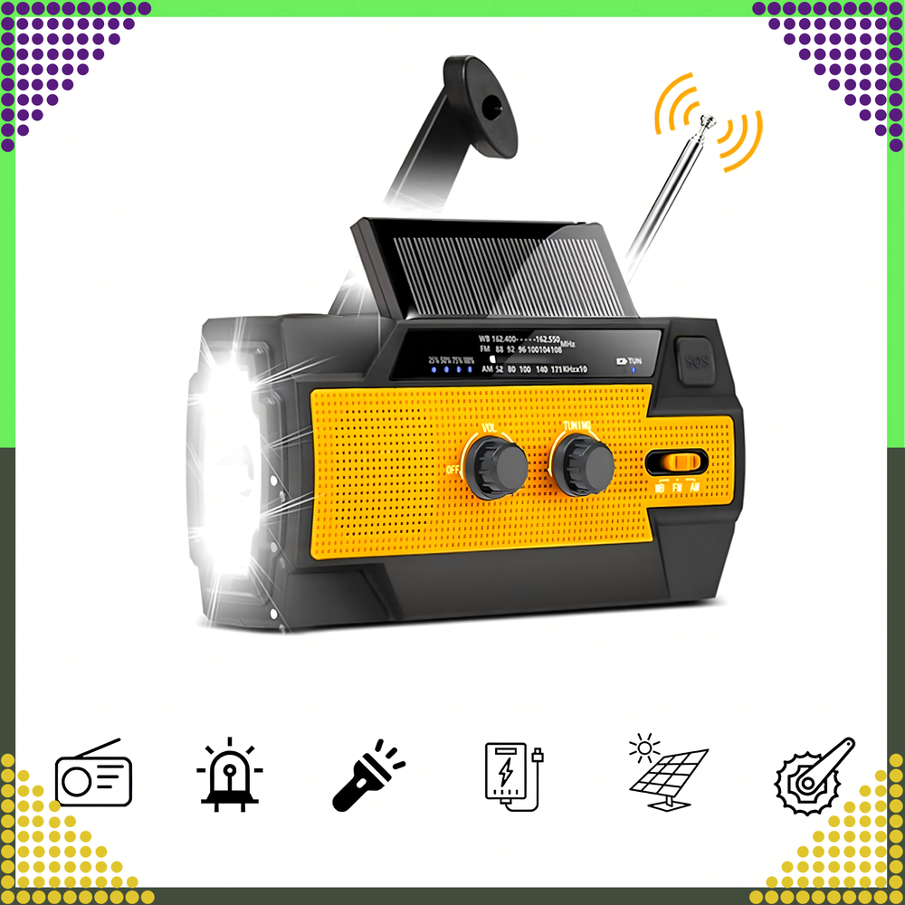Realprices Radijo imtuvas RC-K-1394 su saulės elementu (FLASHLIGHT POWERBANK 4000mAh AM FM SOS USB)