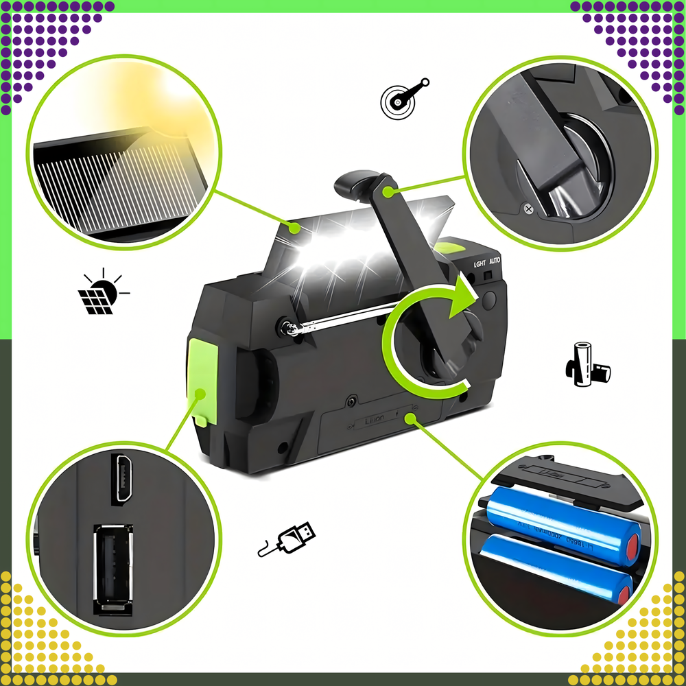 Realprices Radijo imtuvas RC-K-1394 su saulės elementu (FLASHLIGHT POWERBANK 4000mAh AM FM SOS USB)
