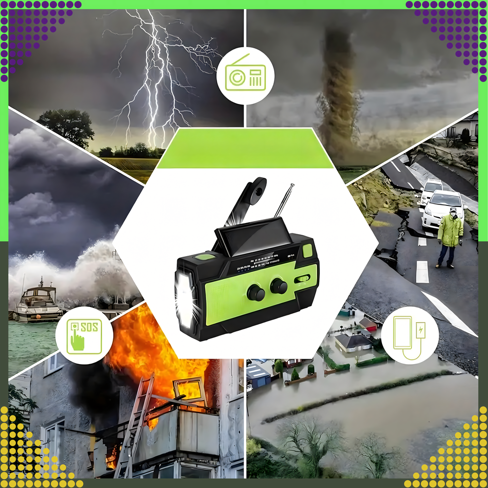Realprices Radijo imtuvas RC-K-1394 su saulės elementu (FLASHLIGHT POWERBANK 4000mAh AM FM SOS USB)