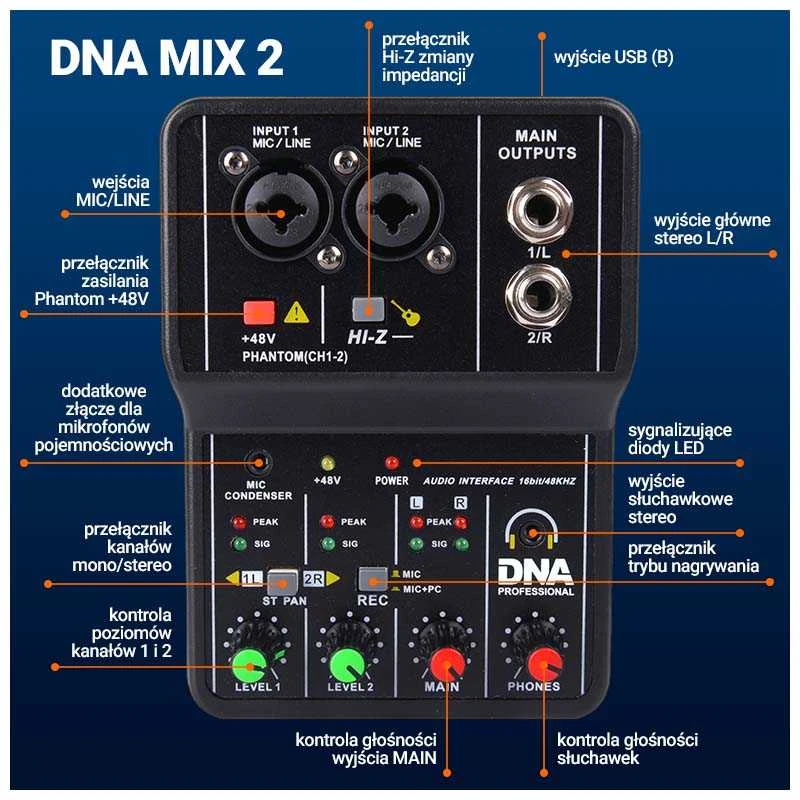 Dna Professional DNA MIX 2 analoginis maišytuvas 2 kanalų Hi-Z USB garso sąsaja