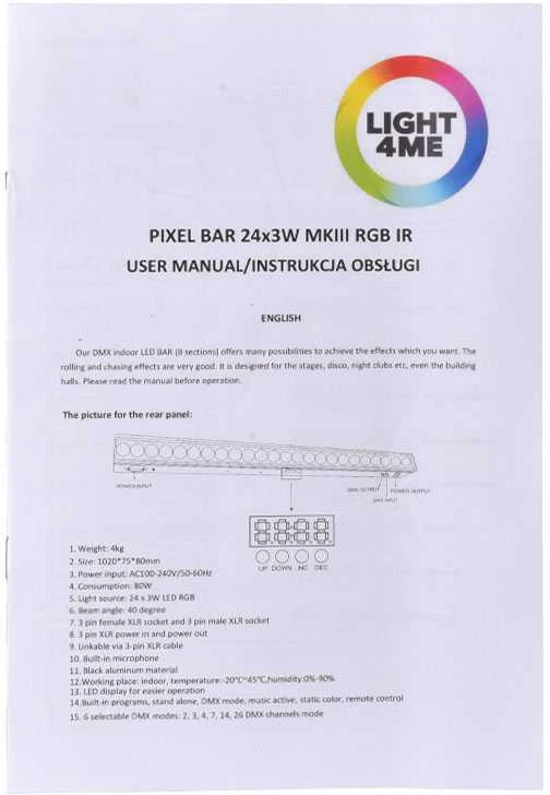 LIGHT4ME PIXEL BAR 24x3W MKIII IR LED juostos nuotolinio valdymo pultas