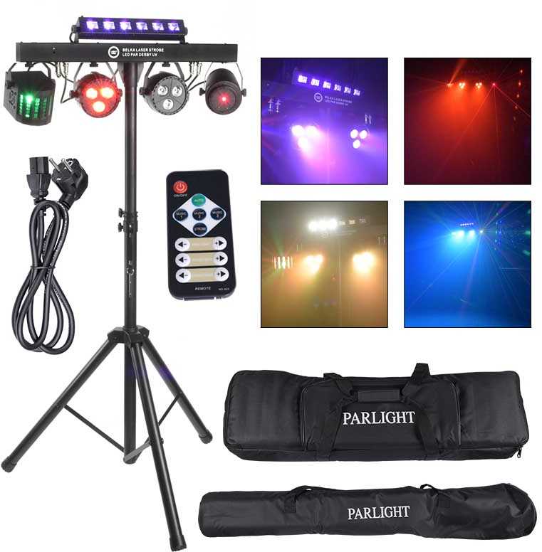 LIGHT4ME T-BAR LASER STROBE LED PAR DERBY UV IR multiefektas