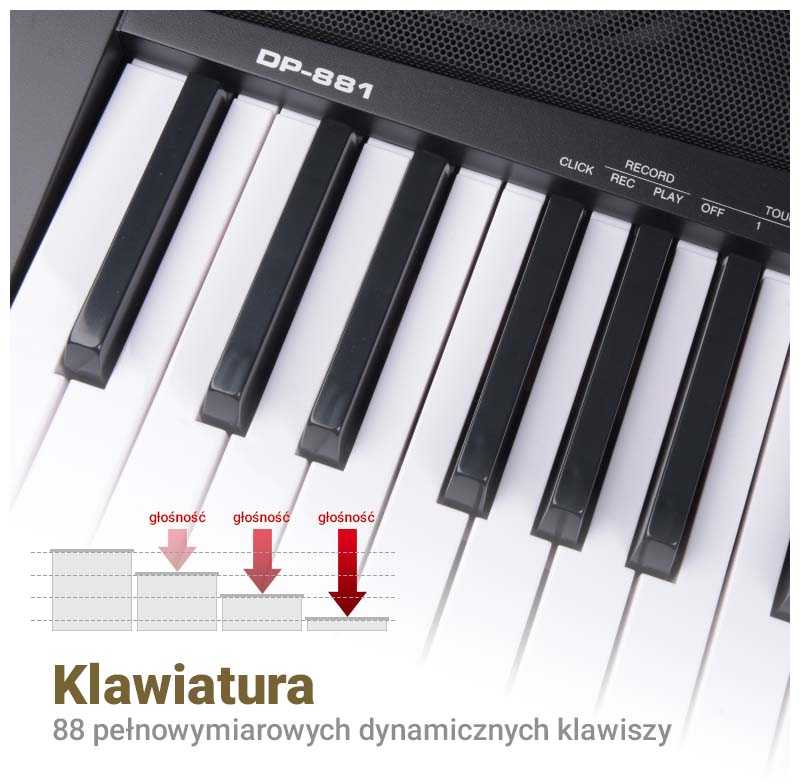 MK WP 881 skaitmeninis pianinas, klavišai, skirti mokytis groti