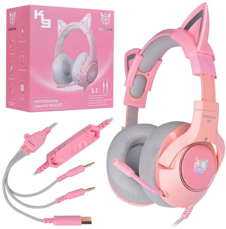 ONIKUMA K9 rožinės RGB ausinės žaidimams