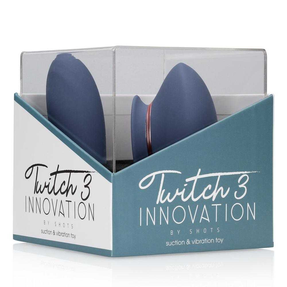 Innovation By Shots „Mėlyna Twitch 3“ – įkraunamas vibratorius su siurbimo funkcija – silikoninis – 10 greičių – Mėlyna/Pilkas