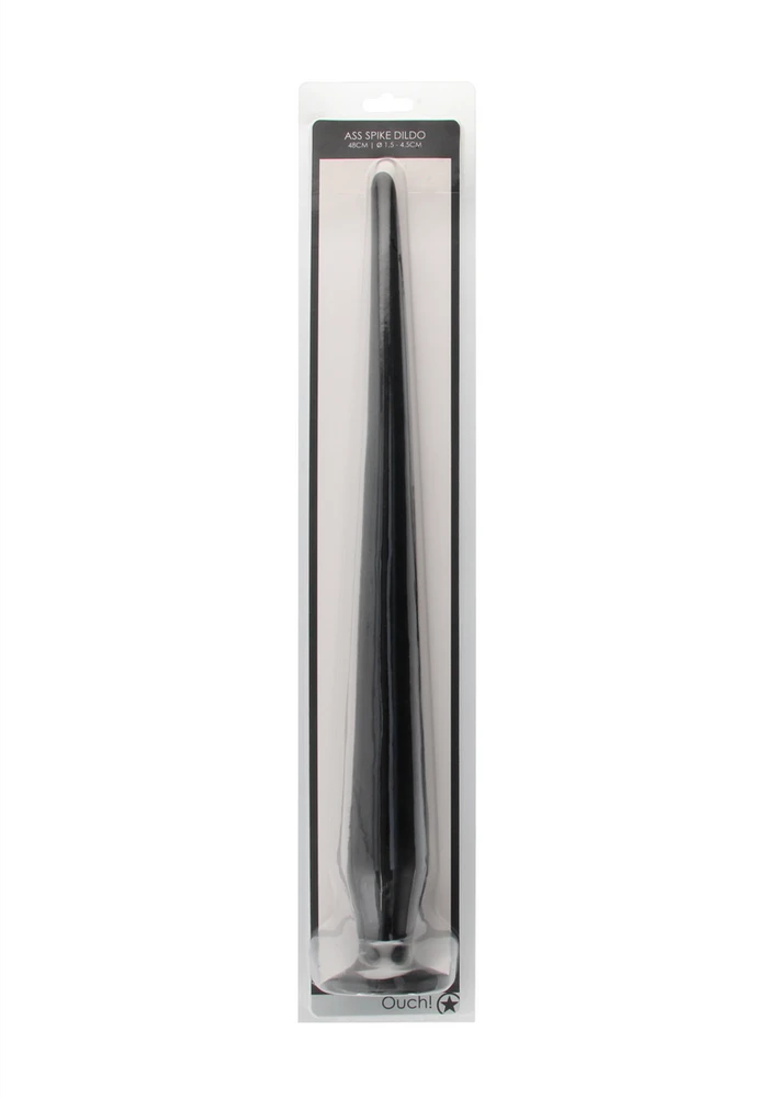 Juodas 50 cm smailėjantis analinis dildo pakuotėje
