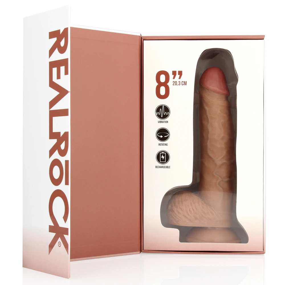 Realrock By Shots Vibruojantis ir besisukantis tiesus penis su kamuoliukais - 8" / 20,5 cm - rudos spalvos