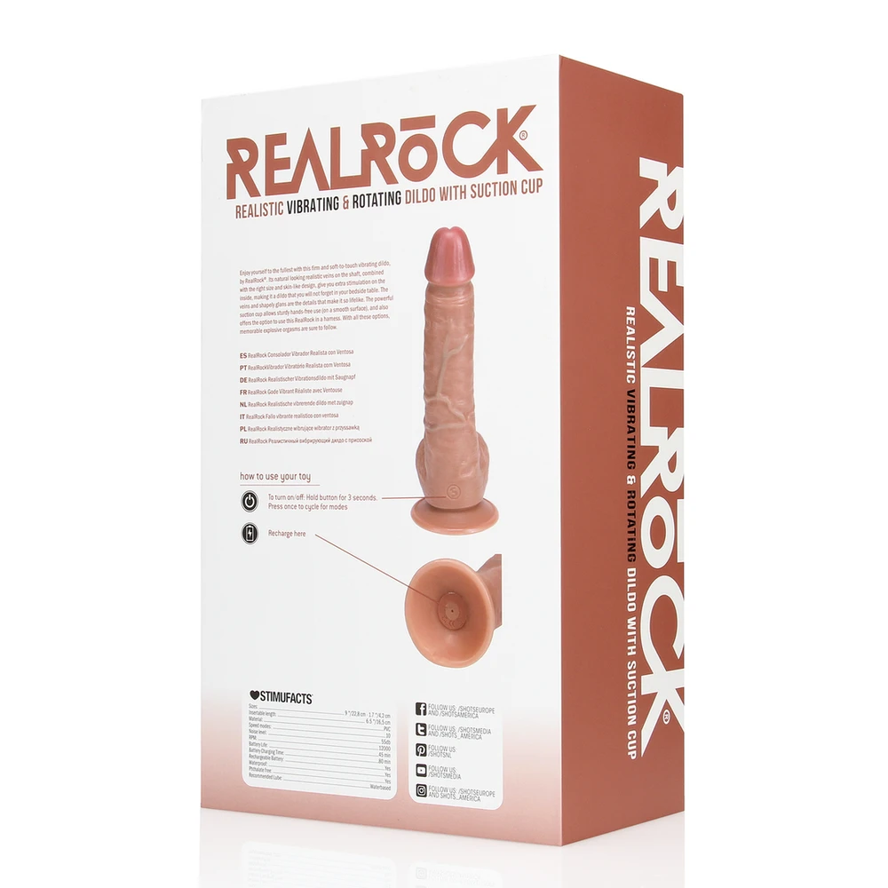 Realrock By Shots Vibruojantis ir besisukantis tiesus penis su kamuoliukais - 8" / 20,5 cm - rudos spalvos