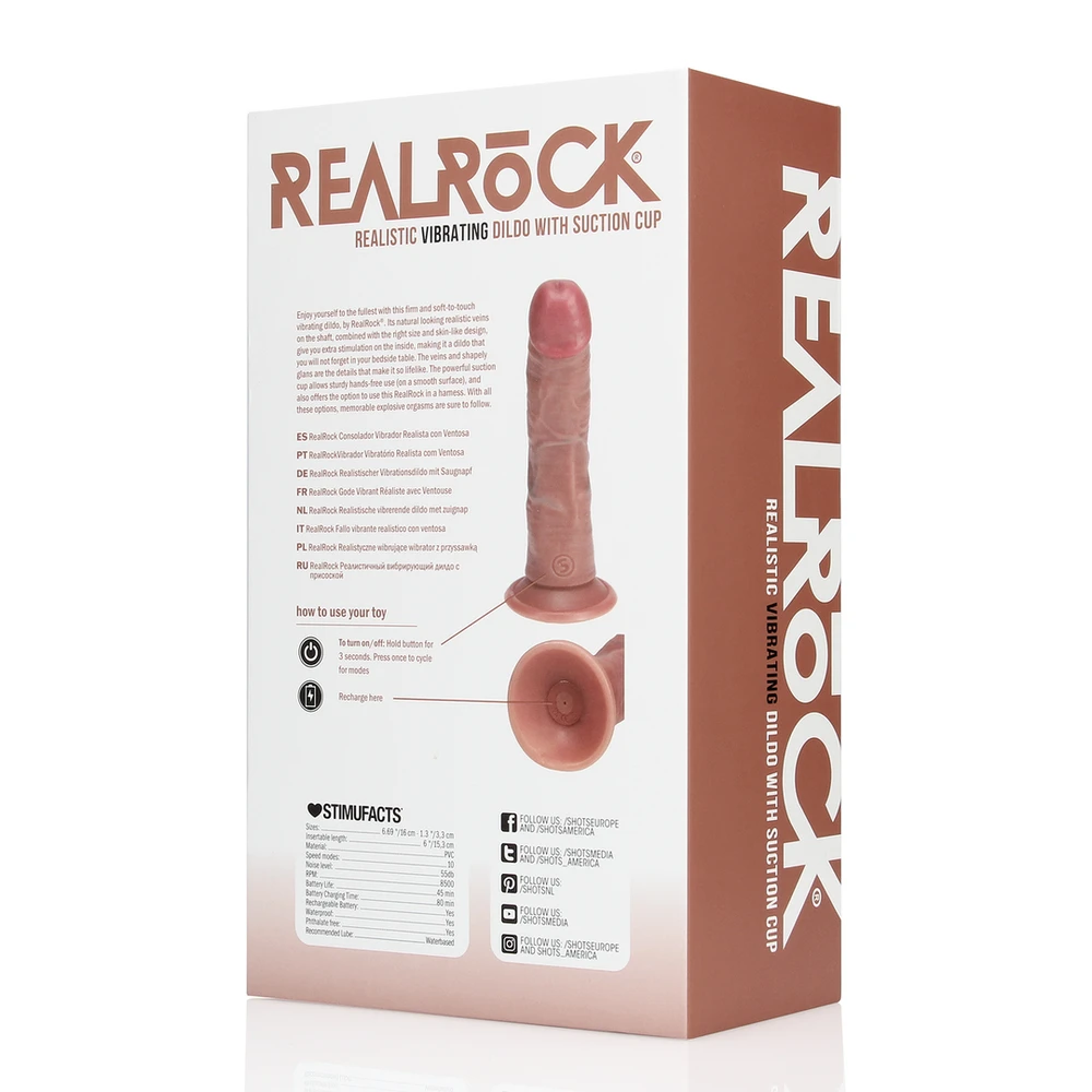 Realrock By Shots Vibruojantis įprastas lenktas penis - 15,5 cm - rudas