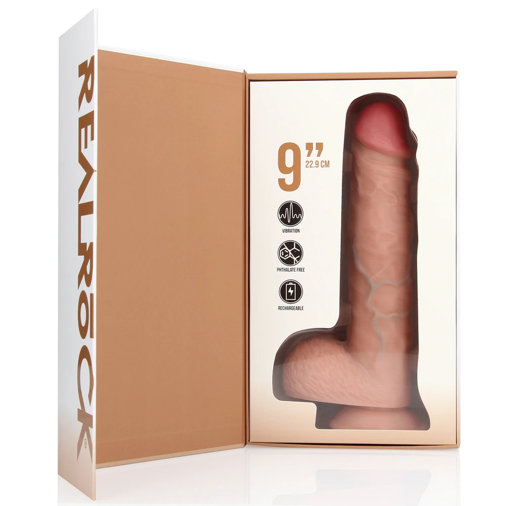 Realrock By Shots Vibruojantis tiesus penis su kamuoliukais - 23 cm - kūno spalvos
