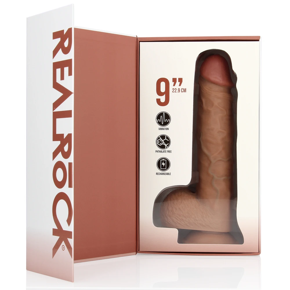 Realrock By Shots Vibruojantis tiesus penis su kamuoliukais - 23 cm - rudas