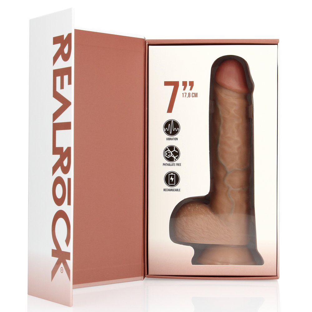 Realrock By Shots Vibruojantis įprastas tiesus gaidys su kamuoliukais – 7 colių / 18 cm – rudas