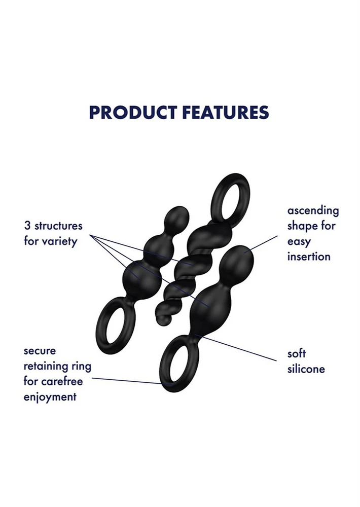 „Satisfyer Booty Call“ analinių kamštukų rinkinys su stimuliuojančia Juodo struktūra