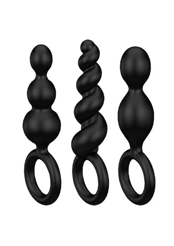 „Satisfyer Booty Call“ analinių kamštukų rinkinys su stimuliuojančia Juodo struktūra