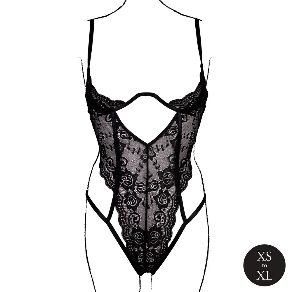 Shots Lace Underwired Open Cup Bodysuit su reguliuojamais slankikliais - vienas dydis - Juodas