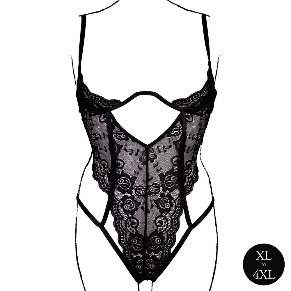 Shots Lace Underwired Open Cup Bodysuit su reguliuojamais slankikliais - Didelis dydis - Juodas