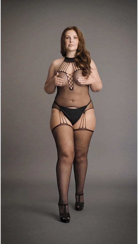 Shots Suspender Fishnet Choker Bodystocking - Plus Size