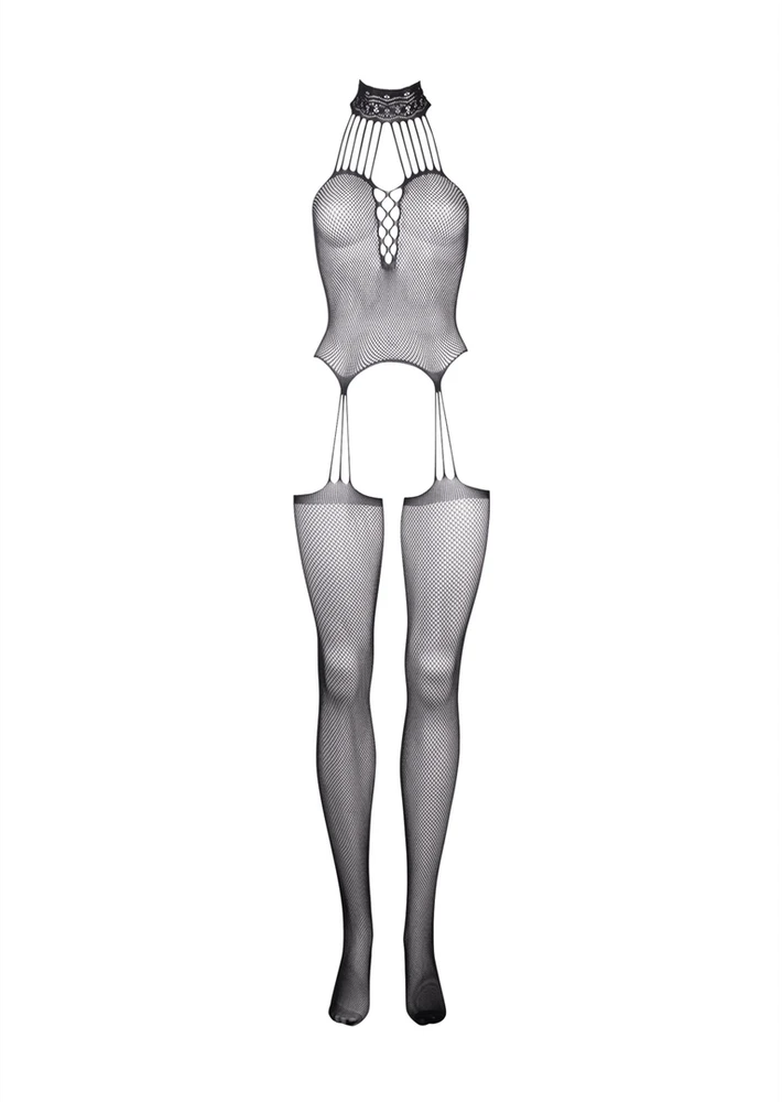 Shots Suspender Fishnet Choker Bodystocking - One Size