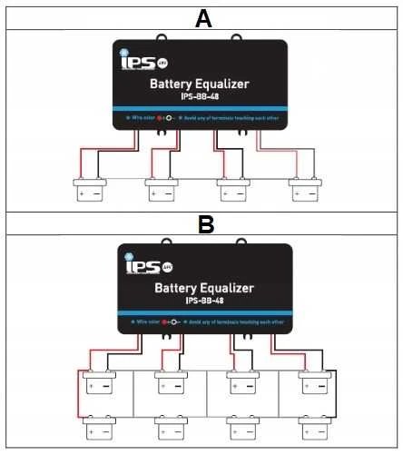 IPS-BB-48 akumuliatorių balansuotojo pajungimo schema