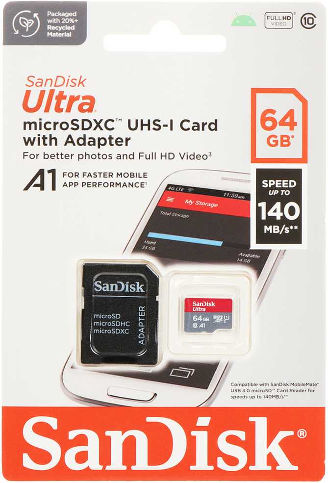 ATMINTIES KORTELĖ SD-MICRO-10/64-SAND Micro SD UHS-I, SDXC 64 GB SANDISK