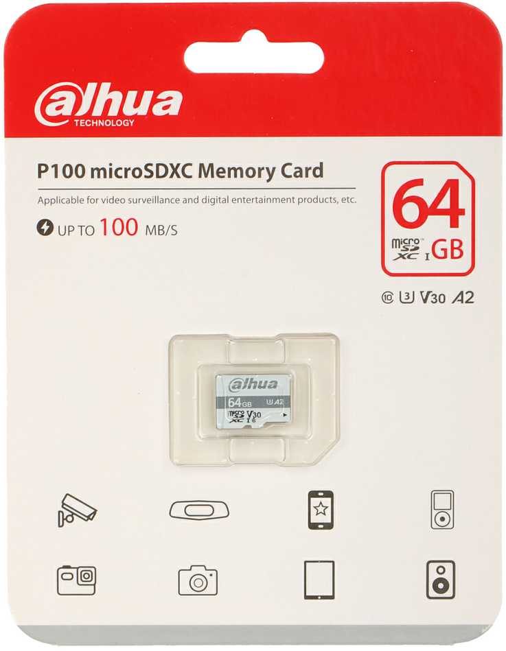 Atminties kortelė Dahua technologija DHI-TF-P100/64 GB, 64 GB, „Micro SDXC“, 10 klasė, UHS-I, 100 MB/s, 38 MB/s