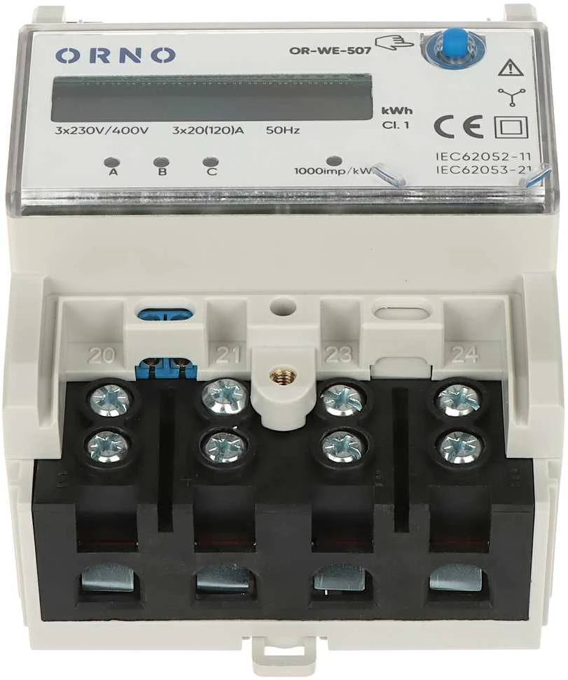 ORNO 3 FAZIŲ ELEKTROS RODIKLIS, 120A, 5 MODULIAI, DIN TH-35MM, PAPILDOMAS MYGTUKAS