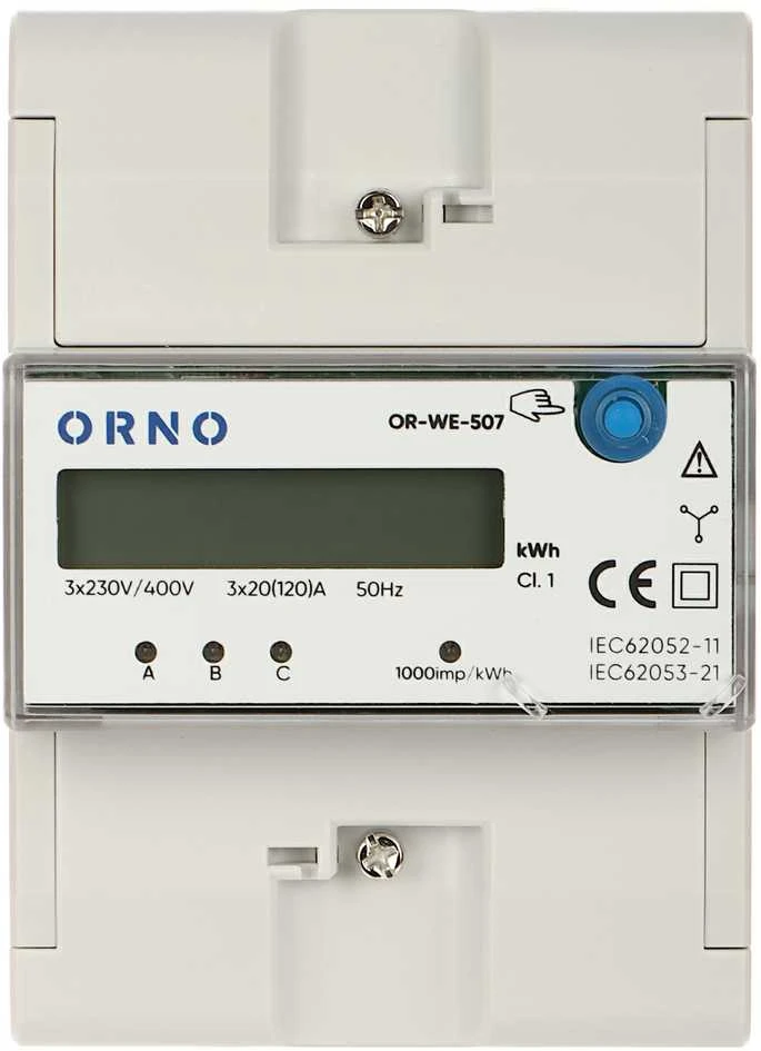 ORNO 3 FAZIŲ ELEKTROS RODIKLIS, 120A, 5 MODULIAI, DIN TH-35MM, PAPILDOMAS MYGTUKAS