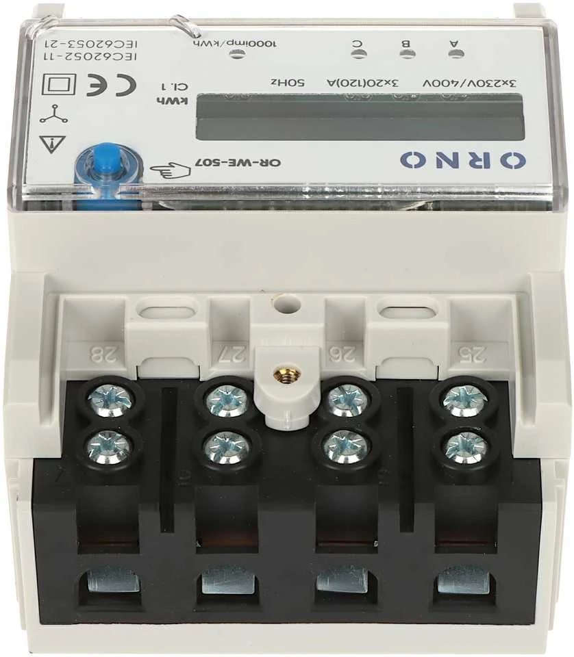 ORNO 3 FAZIŲ ELEKTROS RODIKLIS, 120A, 5 MODULIAI, DIN TH-35MM, PAPILDOMAS MYGTUKAS