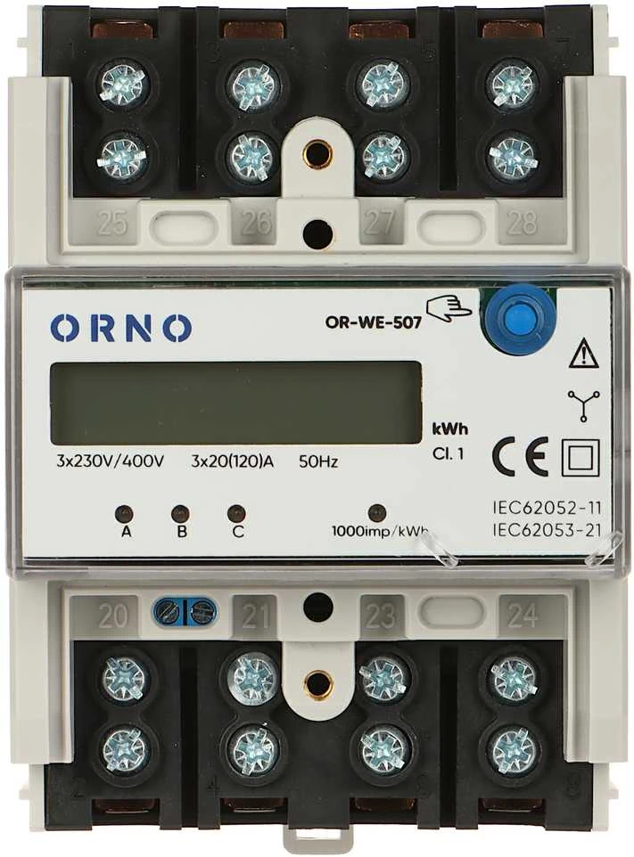 ORNO 3 FAZIŲ ELEKTROS RODIKLIS, 120A, 5 MODULIAI, DIN TH-35MM, PAPILDOMAS MYGTUKAS
