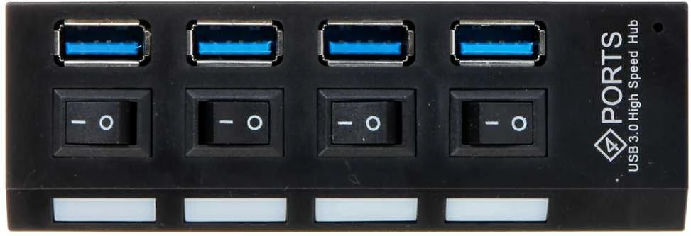 Juodas 4-portų USB 3.0 šakotuvas su individualiais jungikliais