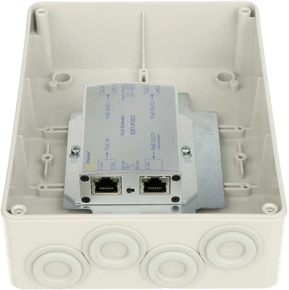 EXTENDER POE PULSAR EXT-POE3H hermetiškame korpuse, skirtas 3 IP kameroms