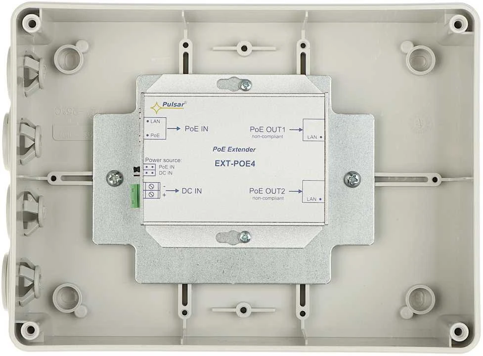 Pulsar EXT-POE4H atviras korpusas su vidine jungčių diagrama