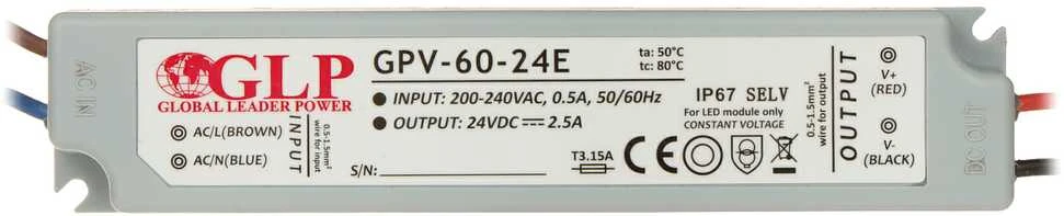 GLP 60W LED maitinimo šaltinis, 24V, 2,5A, IP67