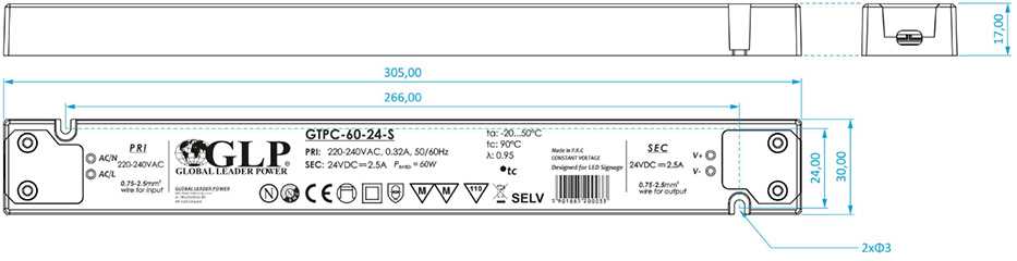 Mpl Power 60W LED maitinimo šaltinis GTPC SLIM, 24V, IP20