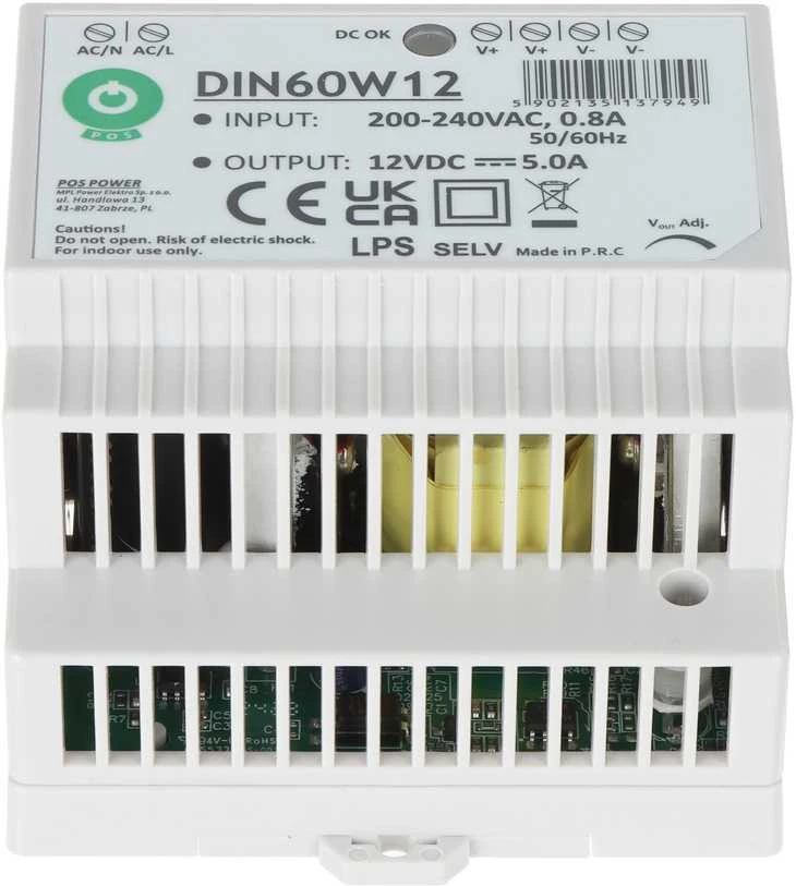 Mpl Power Oem Maitinimo šaltinis DIN60W12 montuojamas ant DIN bėgio 12V 5A 60W