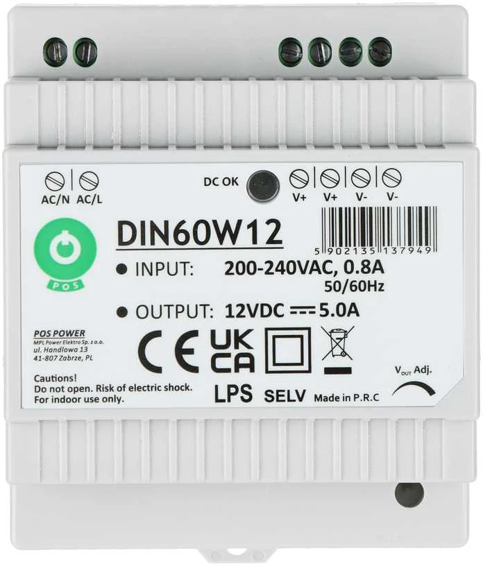 Mpl Power Oem Maitinimo šaltinis DIN60W12 montuojamas ant DIN bėgio 12V 5A 60W